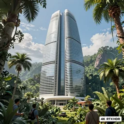 photo a massive building by zaha hadid towering over a jungle 4 k rtx hdr volume light concept studio matte painting environement digital illustration fanart artstation by eytan zana and balazs agoston, jad saber, aaron limonick, pablo dominguez and florent lebrun and robby johnson