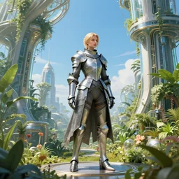 female knight errant in a high tech botanical world with blue skies| pristine metals, glass and plants | solarpunk | artstation | | high detail | ultra realistic | sunlight | Jules Joseph Lefebvre, vincent callebaut