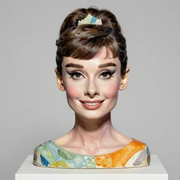 beautiful studio photograph of colorful postmodern portrait sculpture of audrey hepburn smiling, beautiful symmetrical face accurate face detailed face realistic proportions, made of watercolor - painted plaster on a pedestal by ron mueck and matthew barney and greg rutkowski, hysterical realism intense cinematic lighting shocking detail 8 k