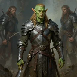 medieval, attractive male half elf half orc, character design, armor, green skin, painting by greg rutkowski gaston bussiere, craig mullins, j. c. leyendecker, tom of finland