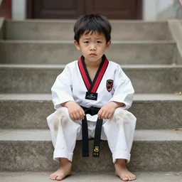 photo of sad tiny scrawny asian kid wearing dirty taekwondo uniform sitting on stairs outside gym, centered, realistic