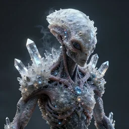 skin concept alien, in full growth, mineral crystals instead of skin, magical crystals, smoky crystals, translucent crystals, luminous sparkling crystals, many details, 3 d, cinematic, hyper realism, high detail, octane render