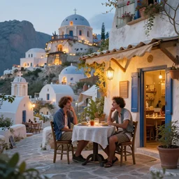 two friends outside a greek restaurant in a fantasy village, calming, uplifting mood, ultra realistic, funny, small buildings, highly detailed, epic lighting, illuminated, cinematic, morning, art by eddie mendoza