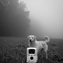 yellow dog man infrared trailcam footage, liminal, black and white, foggy, creepypasta