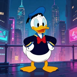 Donald Duck in a cyberpunk New York City