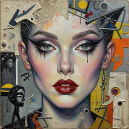 witchy eyes and sophisticated lips looking at me embraced detailed chaotic mixed media collage with relief texture in style of conteporary art, punk art, dadaism, photorealistic, expressionism, masterpiece, balanced composition, wide range of colors, spectacular quality, intricate oil details