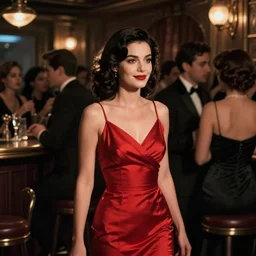 film noir jazz bar, crowds of people, she arrived in a red dress,