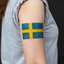 a woman with a Swedish flag tattoo on her arm