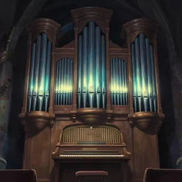 medium shot, pipe organ, eerie glowing lights, epic fantasy, digital art, subtle colors, concept art, detailed illustration, hd, 4 k, digital art, greg rutkowski, dan mumford, studio ghibli trending on artstation