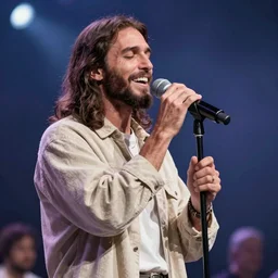 jesus holding a microphone at a concert, singing