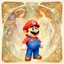 super mario | highly detailed | very intricate | art nouveau | gold filigree | romantic storybook fantasy | soft cinematic lighting | award - winning | disney watercolor illustration by mandy jurgens and alphonse mucha and alena aenami | pastel color palette | featured on artstation