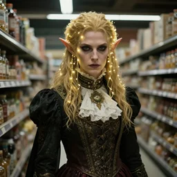 an ultra realistic, cinematic, fantasy, portrait, of an evil elf, elden ring, fairy lights, facial features, stood in a supermarket, with victorian clothing, detailed, deep focus, movie still, dramatic lighting, ray tracing, by michal karcz and yoshitaka amano