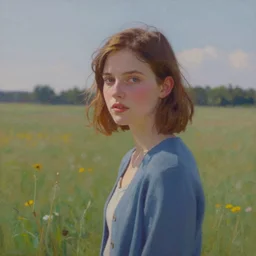 a beautiful scenic painting of a beautiful young woman that looks like imogen poots representative of the art style of artgerm and wlop and wes anderson and spike jonze