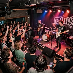 A punk band playing a show at CBGB with a mosh pit crowd Sid Vicious. wide angle, creative illustration concept artperspective, cinematic, 16mm lens, 8K