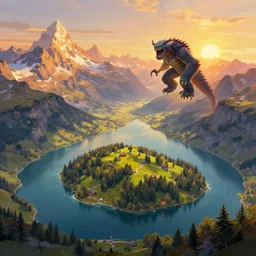 matte painting of beautiful mountain landscape in northern switzerland with an island and one large monster flying over landscape, by albert whitlock, amazing details, beautiful composition, vibrant colours, bird eye view, luminescent, warm hue's