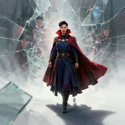 elizabeth chase olsen as female doctor strange, long shadow, light colors, red magic, by greg rutkowski, multiple dimensions, shattered glass, refractions, highly detailed, cinematic by francis tnehunreal, octane render, nvidia, concept art
