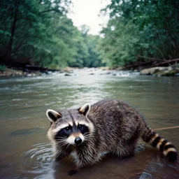 cahaba river alabama, raccoon in foreground, kodak ektachrome e 1 0 0,