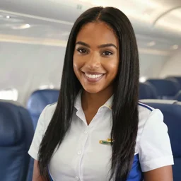 beautiful biracial woman flight attendant with long straight black hair and a beautiful smile