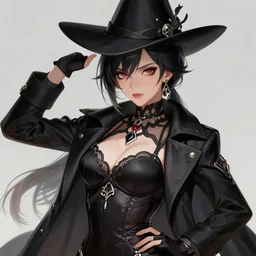 lady with eyeliner makeup from genshin impact in triangle fedora hat and black coat, wavy lingeries, intricate, elegant confident pose, sharp focus, illustration, highly detailed, digital painting, concept art, art by wlop and artgerm and ross tran and greg rutkowski, masterpiece