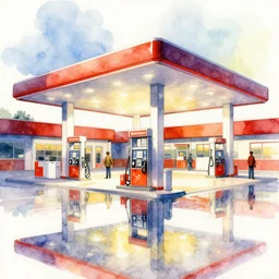 a beautiful insanely intricate watercolor illustration of modern gas station, reflexions, colorfull, by william turner art, by greg rutkowski, by james jean, by rossdraws, by frank franzzeta, by sakimichan, trending on artstation, insanely detailed, masterpiece,