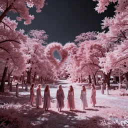 love, groups of people in infrared, from behind, rebirth, wide angle, cinematic atmosphere, elaborate, highly detailed, dramatic lighting