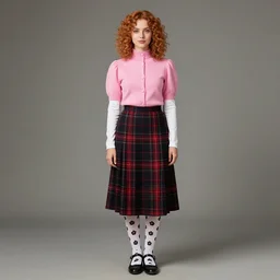 portrait photo of a beautiful young woman with chin - length curly light auburn hair and brown eyes. she wears a pink turtleneck cardigan with short puffed sleeves and a long - sleeved white shirt underneath. she wears the standard black and red tartan skirt, white tights with a black flower pattern and black mary jane shoes. professional photography