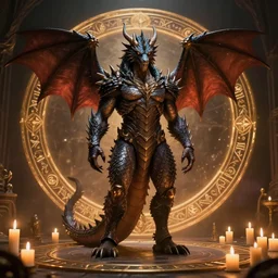 a humanoid dragon king stands inside a magical circle by greg rutkowski, magic realism, hyper realistic, 2 0 0 mm lens, candlelight