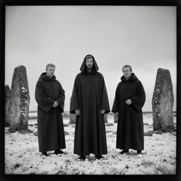 a tintype photograph of tall dark robed human figures stand among the neolithic standing stones of stenness, black and white, grainy, snow, highly detailed, cinematic lighting, 8 k, hd