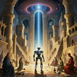 an ai robot in a big and structured ancient crypt of a fantasy big and structured ancient civilisation city inspired by ancient rome with a portal to outer space 4 k digital art anime unreal engine trending on artstation, max ernst leonardo da vinci, sandro boticelli, vivid lights, god rays