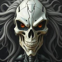 perfectly centered portrait, front view of a beautiful biomechanical android alien robot skull, female, flowing hair, intense stare, sarcastic smile, symmetrical, concept art, intricate detail, volumetric shadows and lighting, realistic oil painting by tim hildebrandt,
