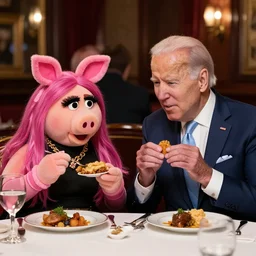 joe biden and miss piggy eating at a fancy restaurant