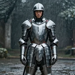 a paladin wearing issey miyake armor in the rain, portrait, fashion photography, by martin parr