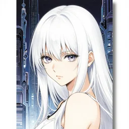 manga cover, white-haired girl with bangs, intricate cyberpunk city, emotional lighting, character illustration by tatsuki fujimoto