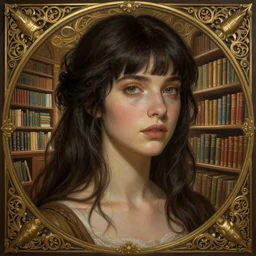a beautiful girl with dark hair and bangs, in a library, fantasy, intricate, elegant, highly detailed, digital painting, artstation, concept art, matte, sharp focus, illustration, art by Artgerm and Greg Rutkowski and Alphonse Mucha