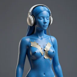 ripping electrical blue paint across the shape of a female human body listening to music with big headphones, realistic, high detail, on a white background