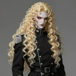 beautiful cruel androgynous male Lucius in black military uniform with pale blond curly drill curls long hair, very very long luxurious fluffy blond long curls of hair, porcelain pale skin, elegant menacing cyborg male with a human face, 2d, ultra highly detailed, digital painting, smooth, sharp focus, artstation, trending on artstation, art by Ilya Kuvshinov