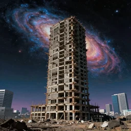 unfinished building by albert bierstadt, magic realism galactic hyperrealism vaporwave tokyo dramatic lighting evil nightsky, archdaily, wallpaper, highly detailed, trending on artstation.