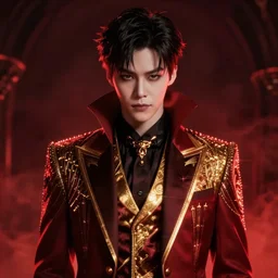 park jimin as a vampire. wearing intricate styled suit, semi realism, anime realism, symmetrical face, slim face, appealing, photorealism, uhd, amazing depth, glowing, golden ratio, sakimichan, greg rutowski, volumetric lighting, cinematic lighting, red lighting, artstation concept art, dark foggy atmosphere