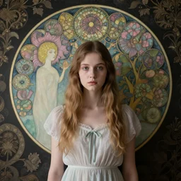 a beautiful girl in front a dark wallpaper by ernst heackel, daguerreotype by edward hopper, by henri rousseau, by Bosch, art noveau, highly detailed, strong lights, liminal, eerie, Bright pastel colors, octane render, 8k,