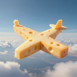 a plane made of cheese, in air
