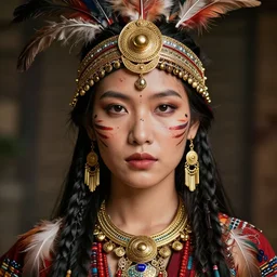 portrait of a stunningly beautiful asian tribal female, small amount of traditional facepainting, feathers gold studded jewellery, depth of field, zeiss lens, detailed, symmetrical, centered, fashion photoshoot, by Annie Leibovitz and Steve McCurry, David Lazar, Jimmy Nelsson, Breathtaking, 8k resolution, extremely detailed, beautiful, establishing shot, artistic, hyperrealistic, beautiful face, octane render