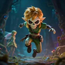 realistic,majora\'s mask floating in the air while looking at the viewer maniacally, skull kid, legend of zelda fairy in the background, dramatic lighting, cinematic, film, dynamic pose,  movie scene, colorful, dark art, concept art, 8K