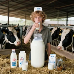 incredible absurd nihilistic surreal photoshoot advertisement for dairy products such as milk, people enjoying milk in the style of tim walker, cow farm, vsco film grain