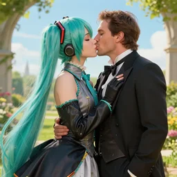 hatsune miku in victorian garb kissing gabe newell in summer - dress, highly detailed, professional digital painting, unreal engine 5, photorealism, hd quality, 8 k resolution, cinema 4 d, 3 d, cinematic, art by artgerm and greg rutkowski and alphonse mucha and loish and wlop