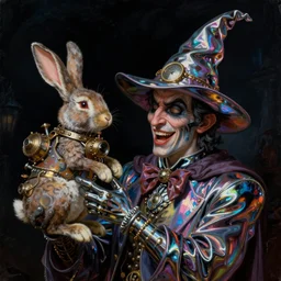 a close - up of a mischievous iridescent chrome wizard magician holding up a steampunk rabbit at night. gloomy dark atmosphere, black background. highly detailed science - fiction painting by norman rockwell, moebius, frank frazetta, and syd mead. rich colors, high contrast. artstation
