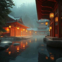 ethereal empty onsen next to grand japanese architecture hotel red and gold by greg rutkowski craig mullins ross tran mucha cozy zen garden glowing water levitating lanterns lumen reflections matte painting concept art clear focus fantasy specular lighting global illumination trending on artstation