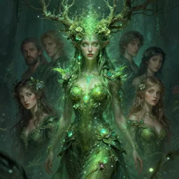 green tree goddess ; by james jean, charlie bowater, tom bagshaw, nikolay makovsky, melanie delon : : enchanting, ethereal, magical, glowing, sparkle, iridescent, flowerpunk, portrait, character design, illustration, hyperrealism, photorealism, digital art, concept art, dark fantasy, whimsy, weta, wlop, artstation