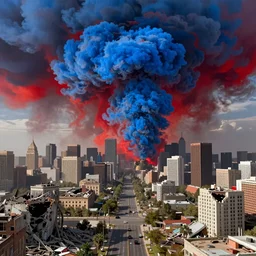 politics, destroyed american landscape and buildings, dystopian, war, real, bright blue smoke, red clouds, detailed, award winning, masterpiece
