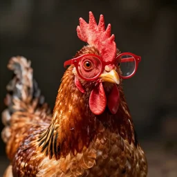 a portrait of a very handsome!!! chicken with small red fashionable!!!!!!! glasses!!! Staring at the camera!!!