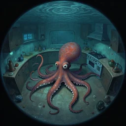 dark colors, fisheye spiral lines, naive, extra narrow, detailed illustration of a kitchen, large floor, octopus shaped by rhads from lorax movie, trending artstation, underwater